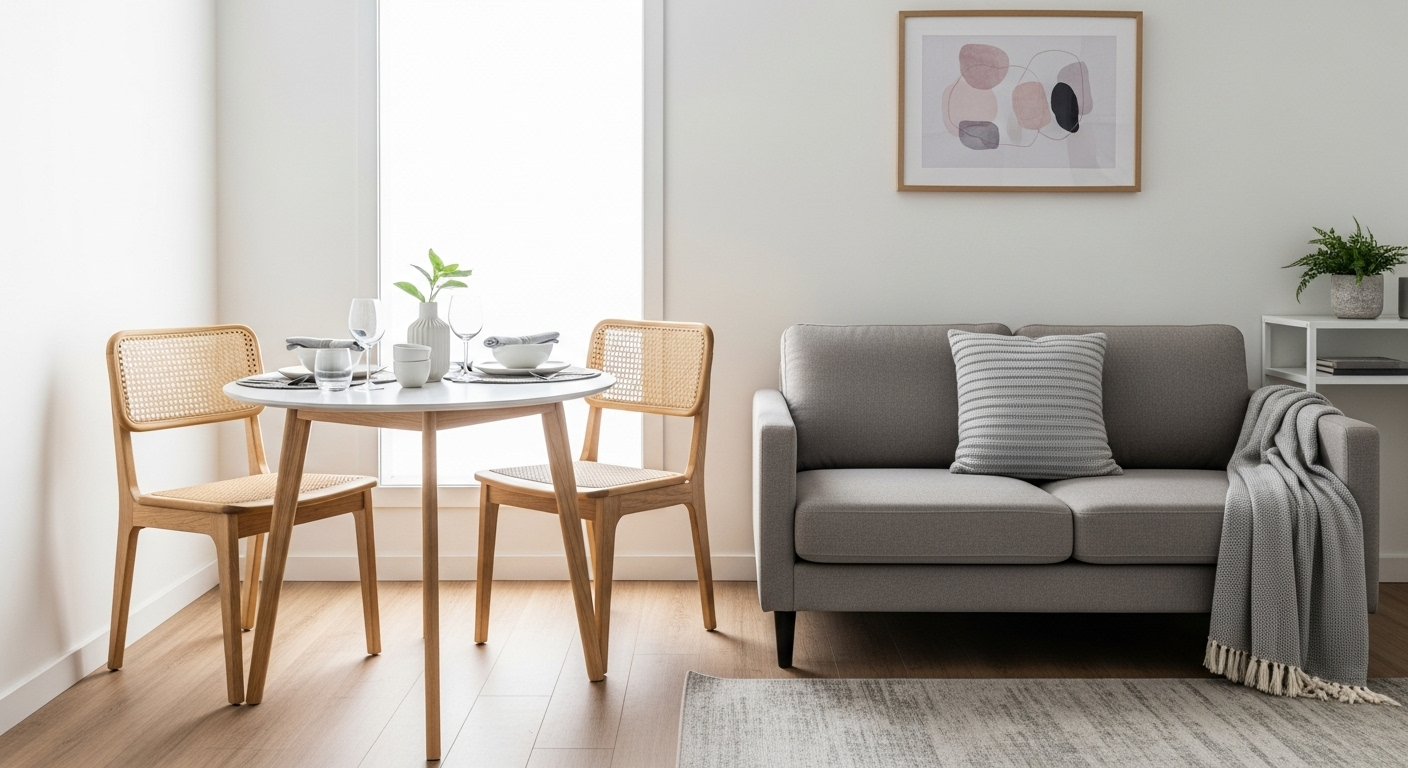 Bàn ăn và sofa trong nhà diện tích nhỏ gọn gàng